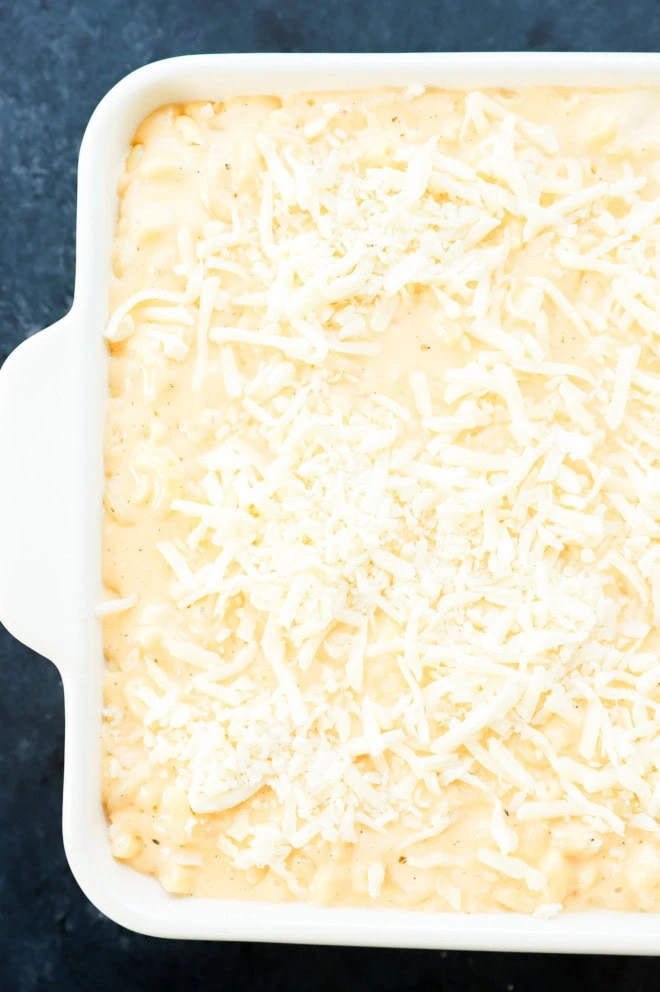 cheesy pasta bake before going in the oven