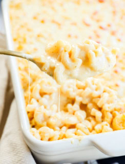 spoonful of creamy cheesy pasta lifting out of the baking dish