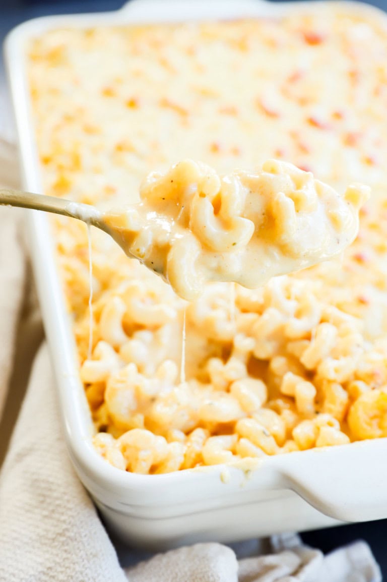 spoonful of creamy cheesy pasta lifting out of the baking dish