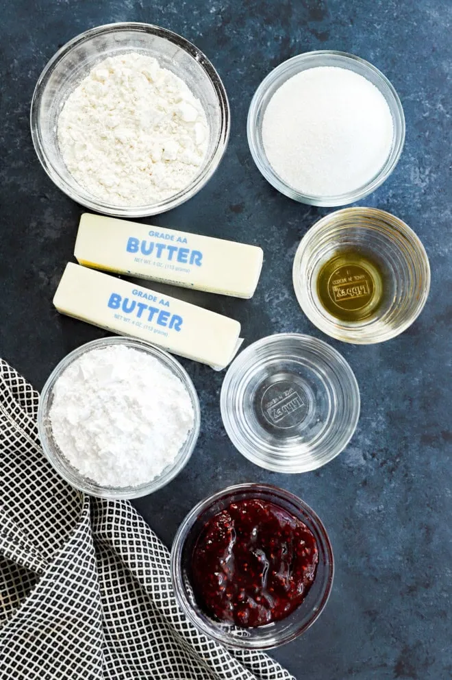 raspberry thumbprint cookies ingredients in bowls