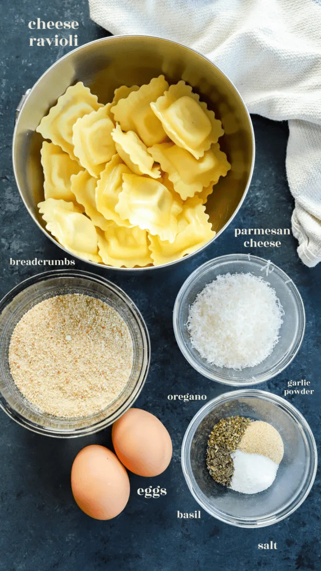 Air fryer ravioli ingredients in bowls with text labels