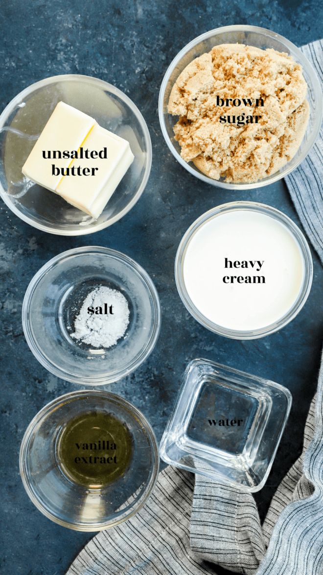 caramel apple dip ingredients in bowls with text labels