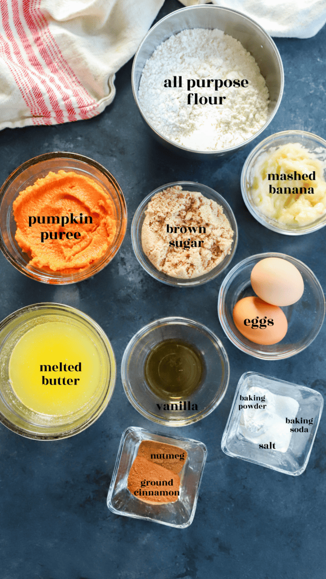 pumpkin banana muffin ingredients in bowls with text labels