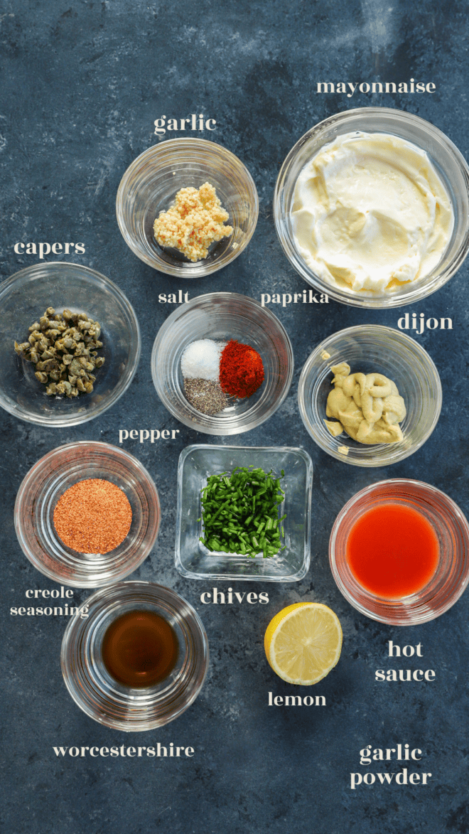 ingredients for sauce for crab cakes in bowls with text labels