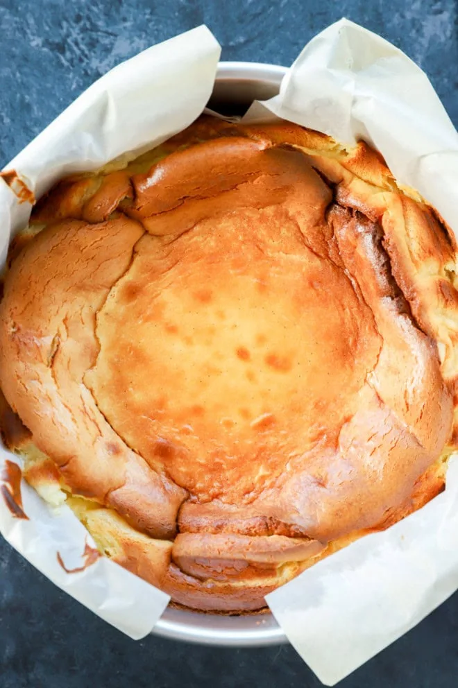 san sebastian cheesecake just after baking in the pan