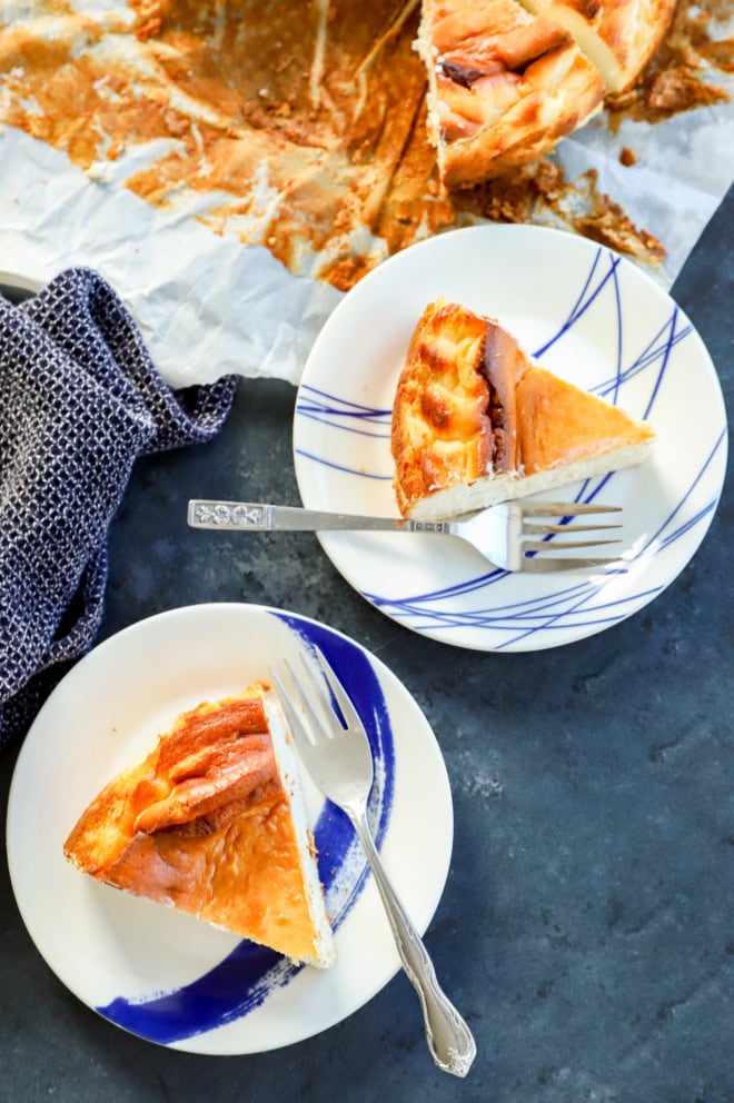 slices of burnt basque dessert on plates