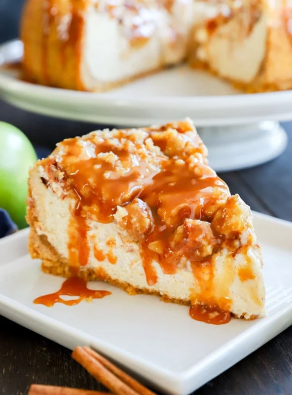 Caramel drizzled on top of fall dessert slice for thanksgiving on plate