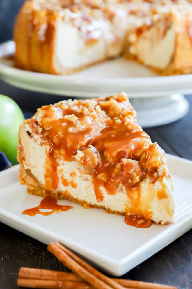 Caramel drizzled on top of fall dessert slice for thanksgiving on plate