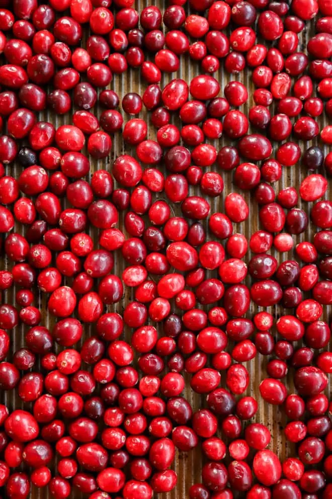 fresh cranberries on pan in even layer