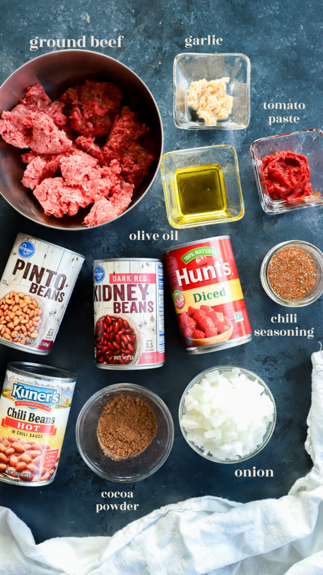 ingredients for instant pot chili in bowls with text labels