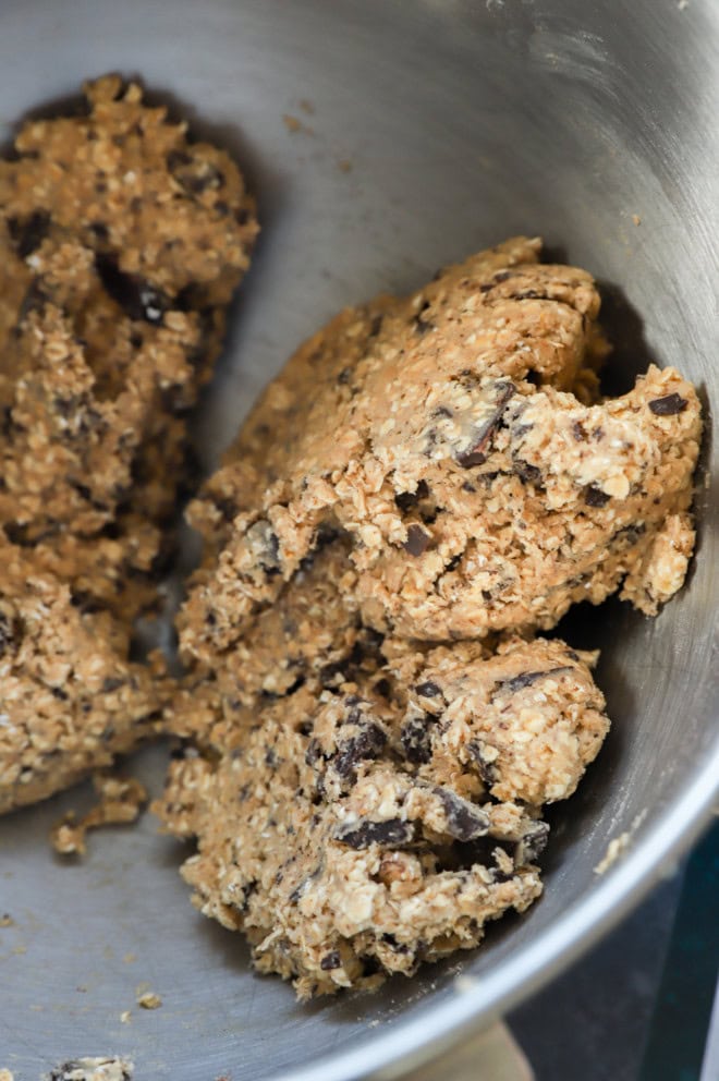 oatmeal chocolate chunk cookie dough in stand mixer bowl