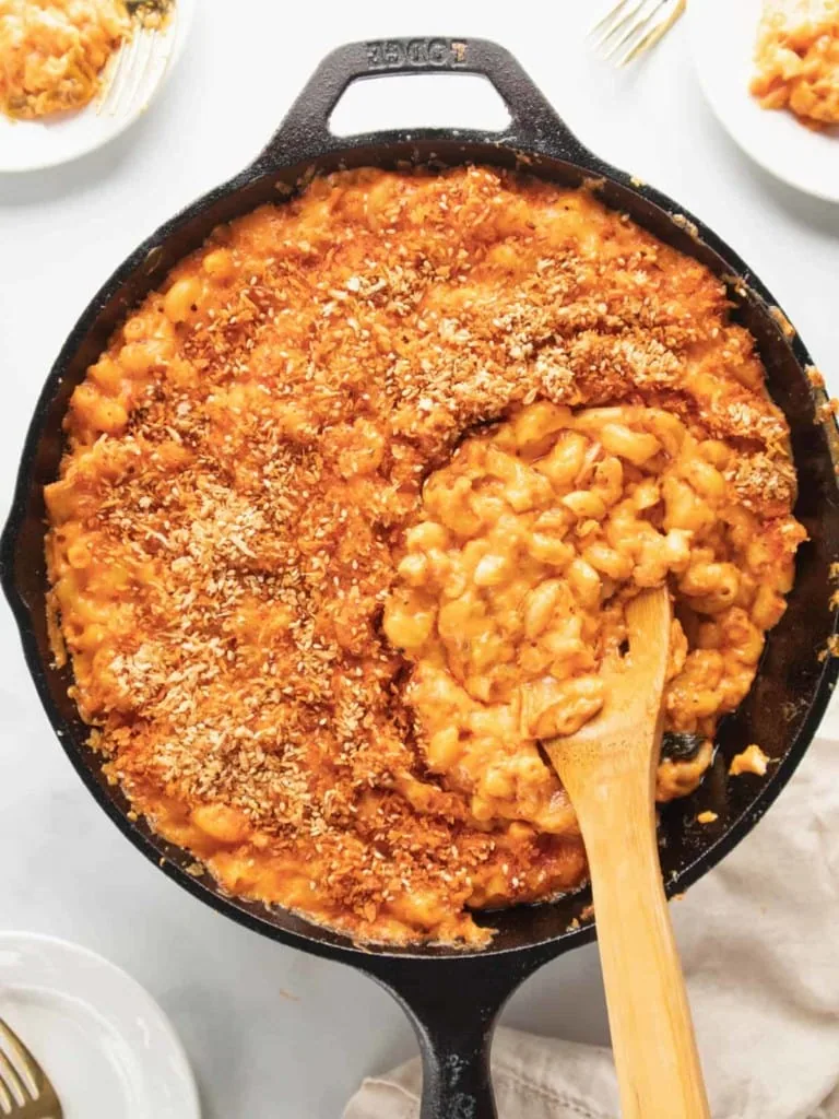 kimchi mac and cheese in skillet