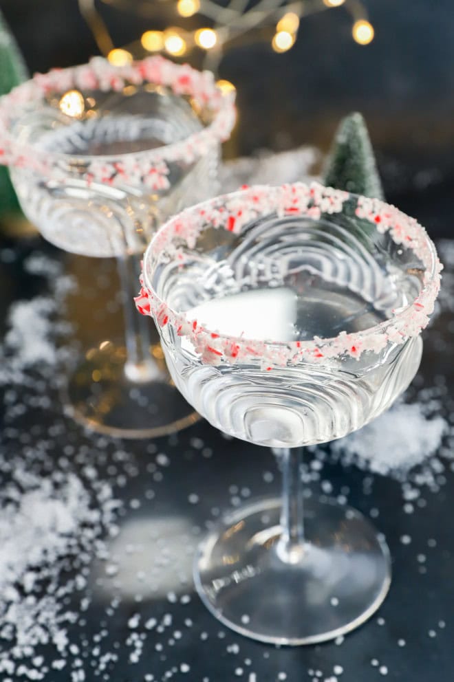 coupe glasses with candy cane cocktail