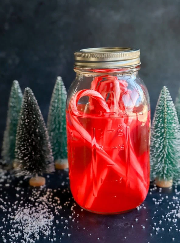 peppermint vodka with candy canes in a mason jar with christmas trees