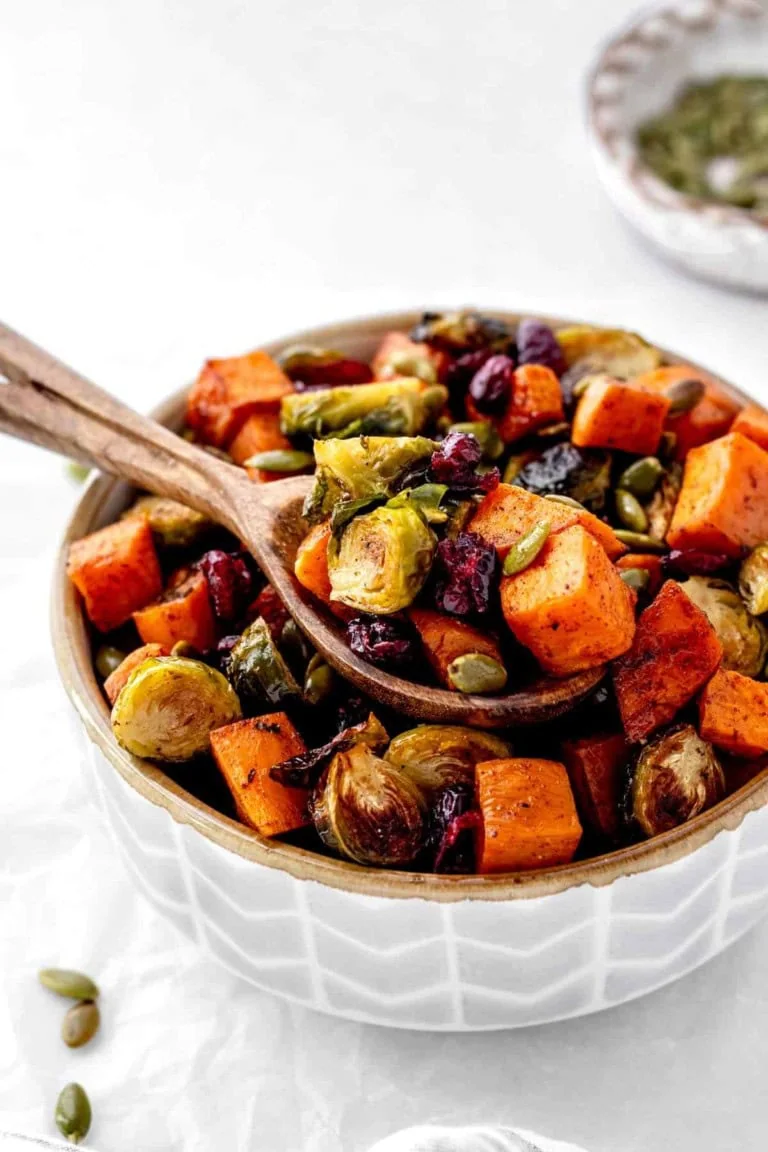 maple roasted brussel sprouts and sweet potatoes