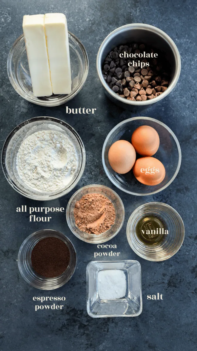 coffee brownies ingredients in bowls with text labels