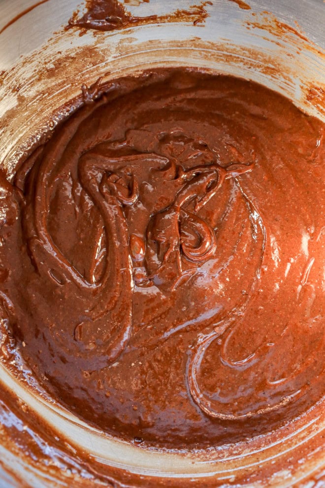 brownie batter in a stand mixer bowl