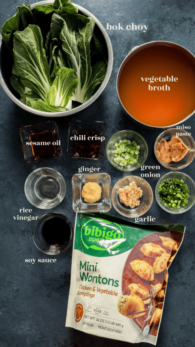 dumpling soup ingredients image with labels and bowls