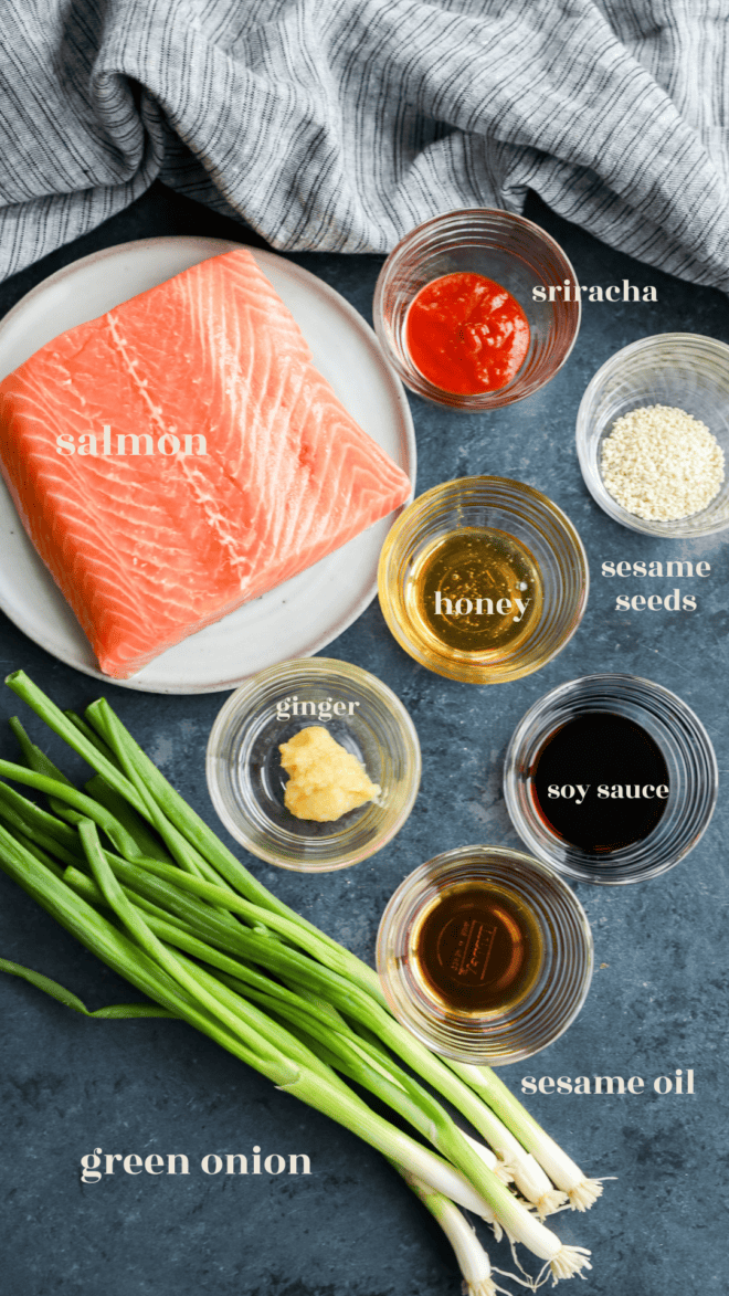 ingredients in bowls with text labels for recipe for salmon bites with sesame and ginger and honey