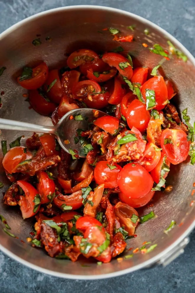 sun-dried tomato and cherry tomato mixture in a bowl