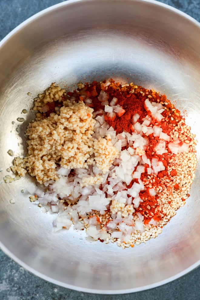 making chili garlic oil recipe in a bowl