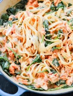 lemon salmon pasta recipe in skillet