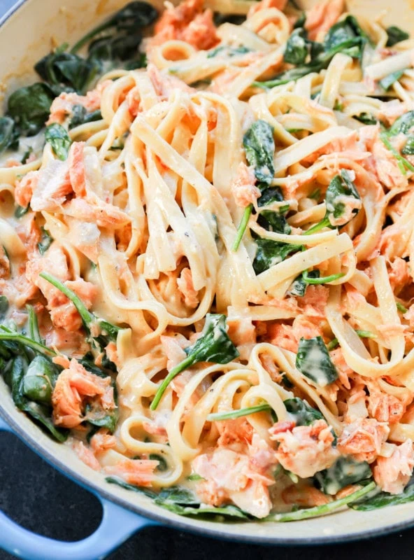 lemon salmon pasta recipe in skillet