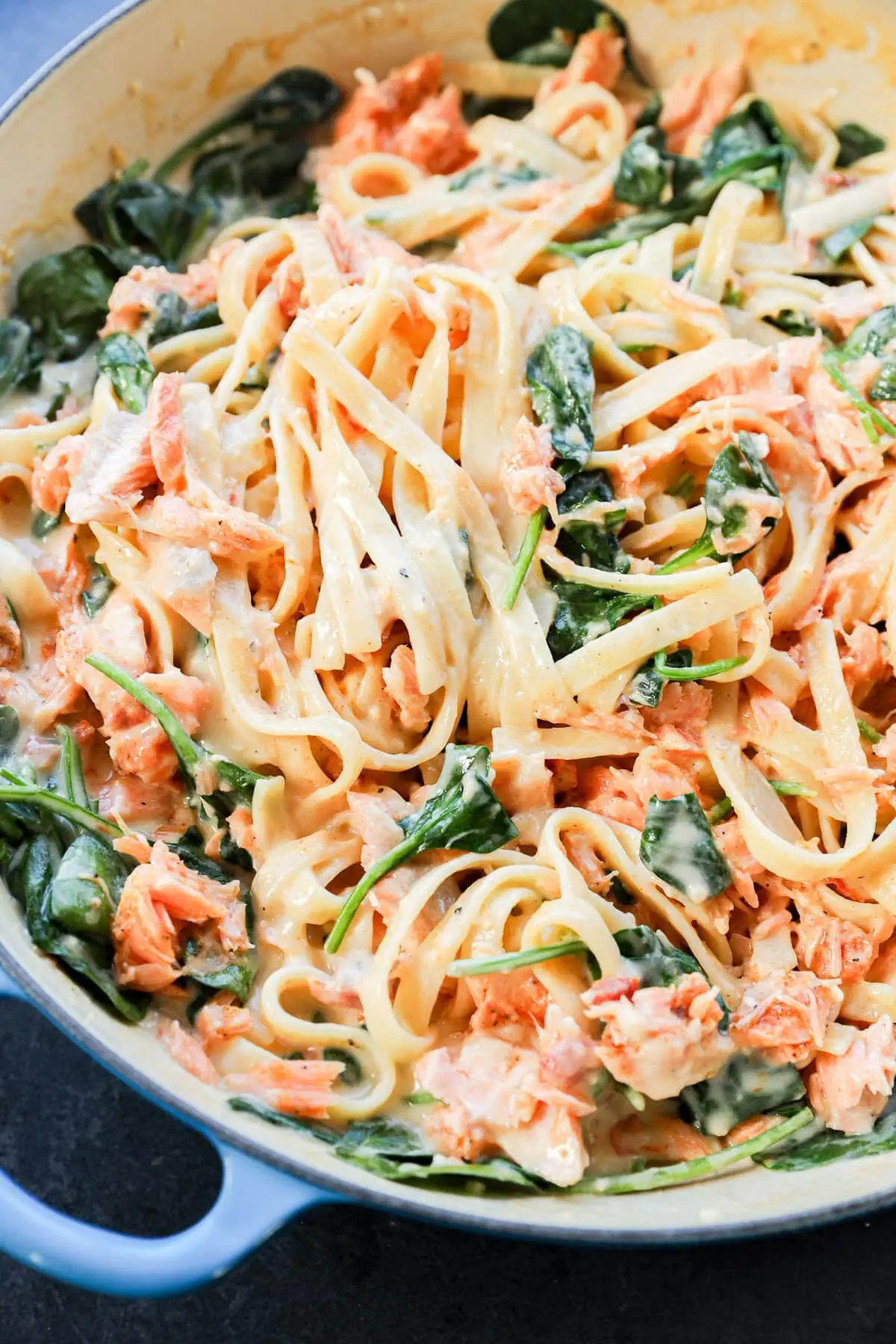 lemon salmon pasta recipe in skillet