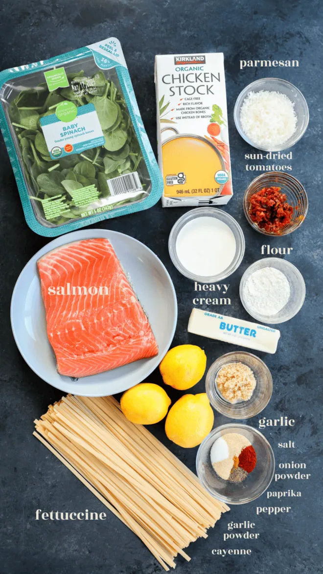 lemon salmon pasta recipe ingredients in bowls with text labels