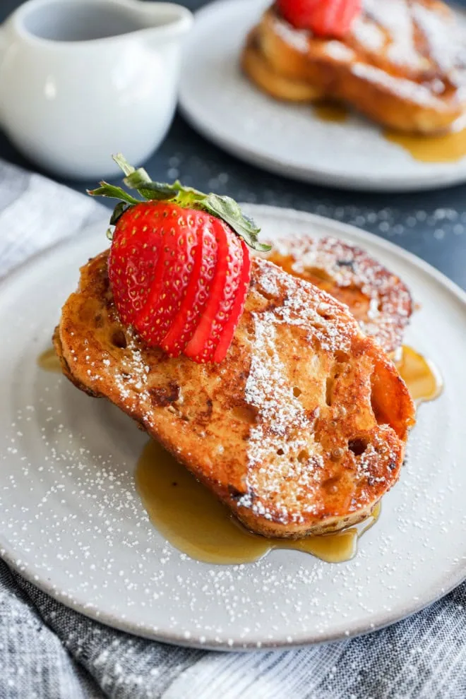 easy breakfast on a plate with maple syrup and fresh fruit